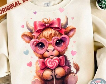 Valentine Highland Cow PNG | Heart Glasses Clipart (Digital Download)