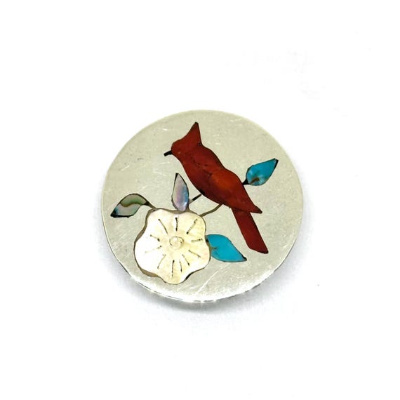Vintage Sterling Silver Lotti Zuni Gemstone Inlaid Southwestern Cardinal Pin Pendant View 4