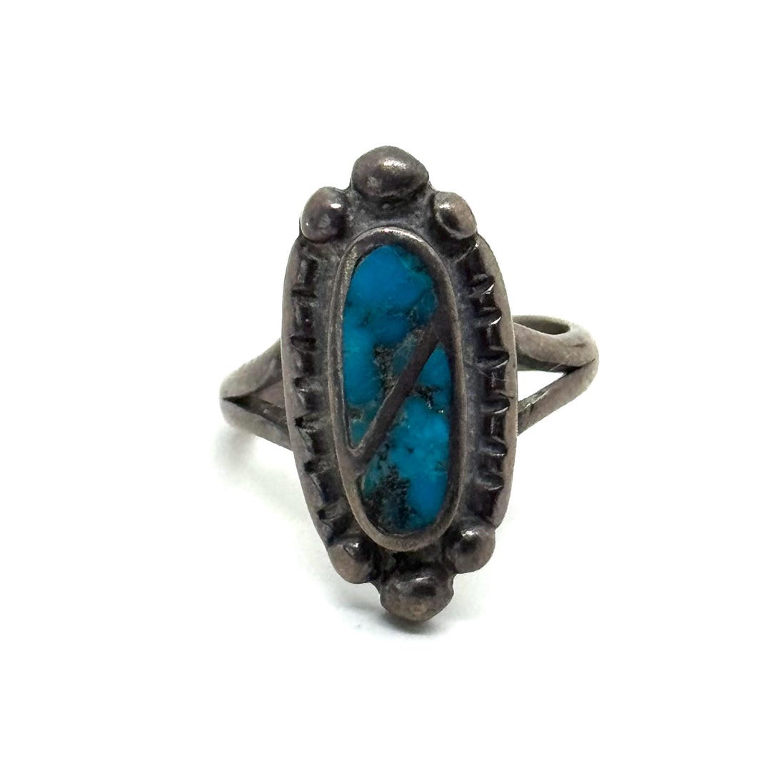 Vintage Sterling Silver Turquoise Inlaid Old Native American Ring Band ...