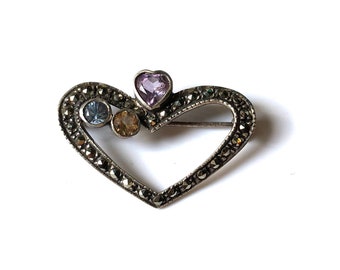 Vintage Sterling Silver Marcasite Gemstone Wide Heart Pin