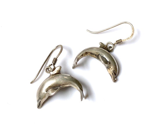 Vintage Sterling Silver Signed Dolphin Dangle Ear… - image 1