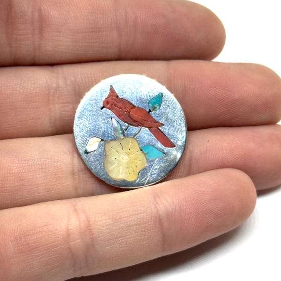 Vintage Sterling Silver Lotti Zuni Gemstone Inlaid Southwestern Cardinal Pin Pendant View 6