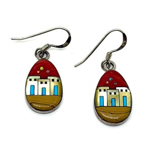 Vintage Sterling Silver VC Signed Inlaid Gemstone Pueblo Village Style Dangle Earrings