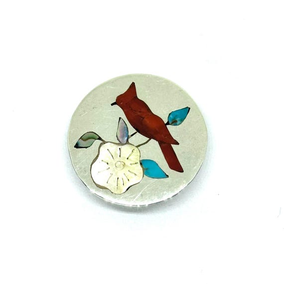 Vintage Sterling Silver Lotti Zuni Gemstone Inlaid Southwestern Cardinal Pin Pendant