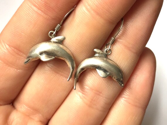 Vintage Sterling Silver Signed Dolphin Dangle Ear… - image 3