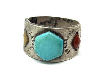 Vintage Sterling Silver Southwestern Style Turquoise Multi-Gemstone Band Ring Size 8.25