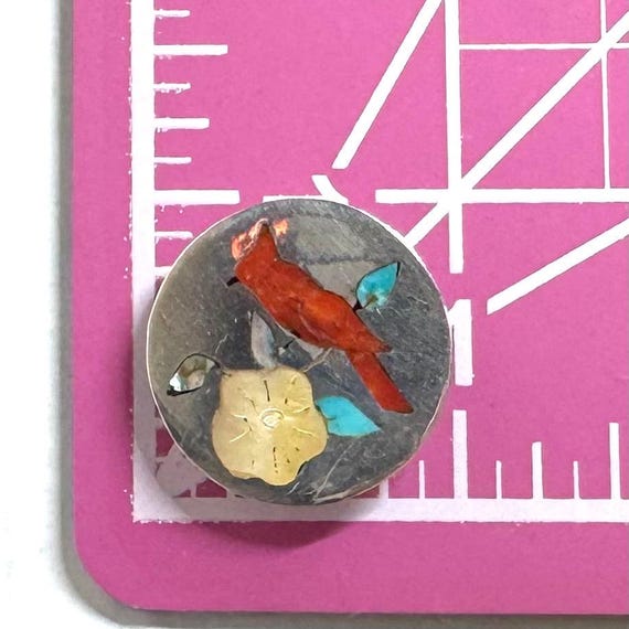 Vintage Sterling Silver Lotti Zuni Gemstone Inlaid Southwestern Cardinal Pin Pendant View 2