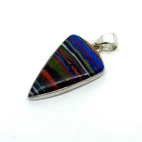 Vintage Sterling Silver Rainbow Calsilica Gemstone Geometric Pendant