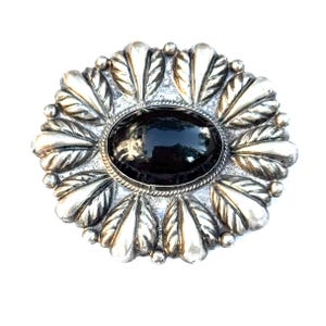 Vintage Sterling Silver Large Oval Mexico Black Onyx Taxco Style Pin