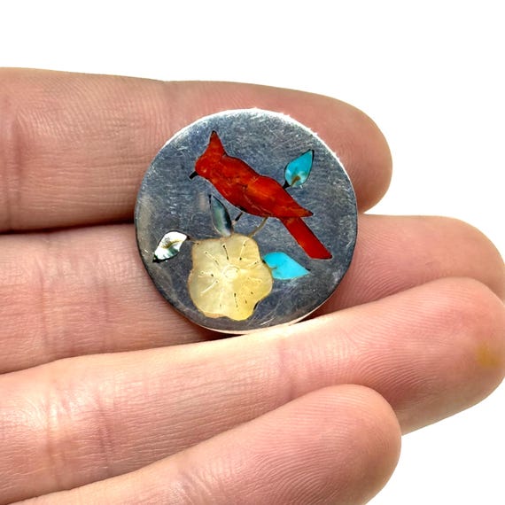 Vintage Sterling Silver Lotti Zuni Gemstone Inlaid Southwestern Cardinal Pin Pendant View 5