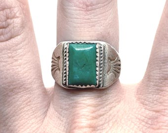 Vintage Sterling Silver Green Turquoise Stamped Sunrise Signet Native American Style Ring Band Size 11