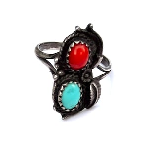 Vintage Sterling Silver Turquoise Coral Old Pawn Ring Size 5