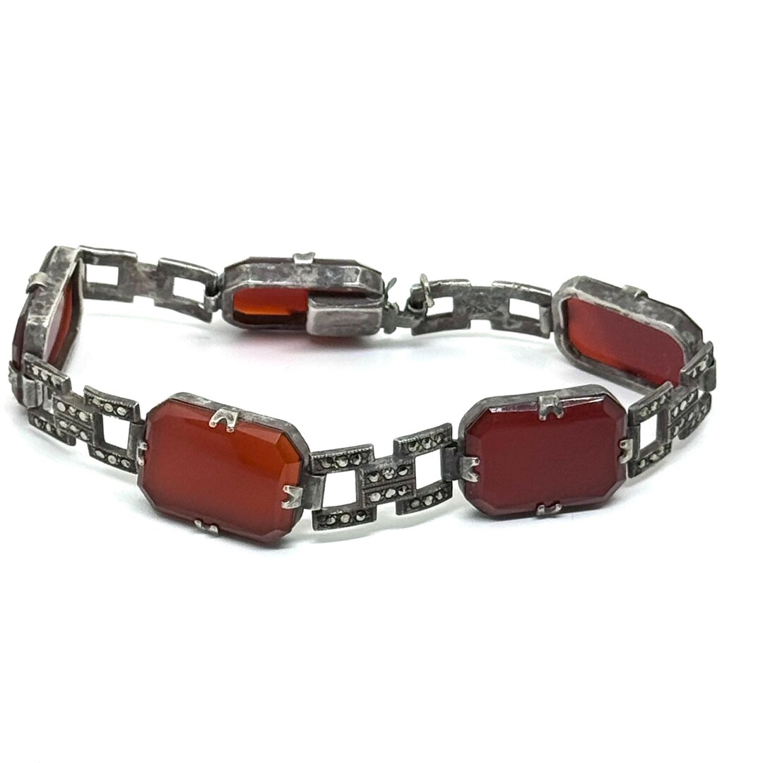 Vintage Sterling Silver Art Deco Nouveau Carnelian Marcasite Link ...
