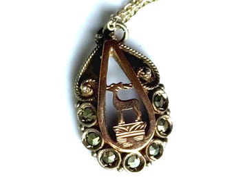 Vintage Sterling Silver Gold Accent Deer Marcasite Antique Pendant Necklace