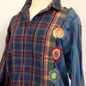 Streetwear, frankenshirt, shirt jacket, upcycled refashioned rebuilt, tunic, eco fashion Size L , plaid, wearable art