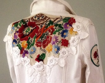 Embellished white denim jacket, Frida’s tropical garden, wearable art, tunic length, vintage lace, Upcycled needlework, plus size L