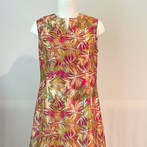 Silk sheath dress, abstract floral print, sleeveless, body skimming, vintage 1990s Doncaster Collection, size 6, pink green gold