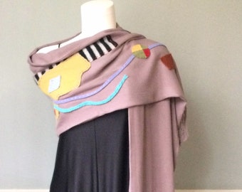 Wearable art wrap shawl wrap, upcycled bamboo, cashmere, and merino, handmade, embroidered, refashioned, collage art, gift for her