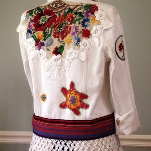 Embellished white denim jacket, Frida’s tropical garden, wearable art, tunic length, vintage lace, Upcycled needlework, plus size L