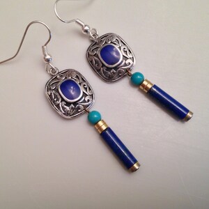 Pendientes de plata de ley con lapislázuli y turquesa - Pendientes de plata de estudio artesanal renovados - Estilo suroeste - Turquesa - Lapislázuli - Pendientes colgantes