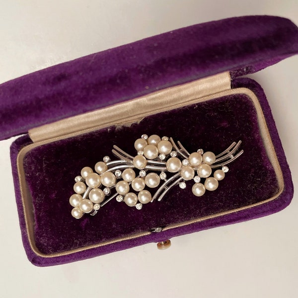 Vintage Trifari brooch, spray of pearls and rhinestones, rhodium plated, wedding bridal jewelry