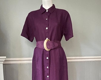 Maxi linen shirt dress in rich purple. Button front, above elbow sleeves, includes Ginny Johansen suede belt, modest dress size 12