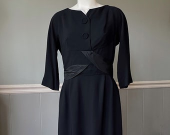 Vintage couture, 40s black wiggle dress, Franklin Originals size S, fabulous cut and construction, rayon crepe, excellent vintage condition