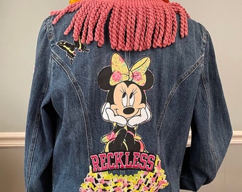 Embellished denim jacket, Reckless, Minnie M, berry pink yellow blue, plus size XL vintage Chaps wearable art streetwear festival