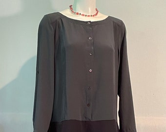 vintage Eileen Fisher silk shift dress, color block, gray and black, above knee, roll up sleeves, ballet neckline, size S