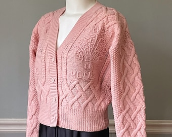 Womens Hand knitted cabled wool cardigan, pink, elaborately textured  design, Harvest Home wheat sheaf, vintage French Connection ,size M