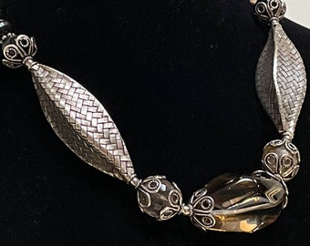 Bold statement necklace, Karen hill tribe XL woven silver beads, large smoky quartz focal nugget,  artisan handmade, Thailand tribal silver