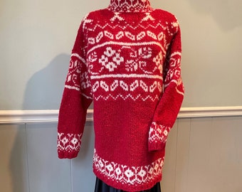 Hand knitted wool ski sweater, red and white unisex, plus size L XL XXL, vintage Express Tricots Hong Kong, Fair Isle