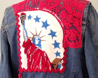 Embellished denim jacket, streetwear, ARC, patriotic American Statue of Liberty, George Washington, political campaign , festival, Size L