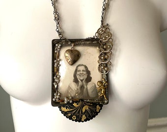 She’s in Love! Narrative assemblage necklace, statement necklace, 40s Photomat selfie, upcycled  vintage jewelry, wearable art jewelry