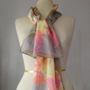 Anne Klein Designer long silk scarf head wrap ascot floral watercolor design pale gray pink yellow