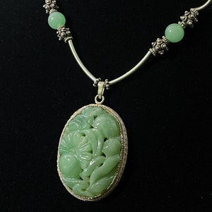 Carved jade pendant necklace, hand carved vintage Chinese pendant with flowers, fruit.  Vintage handmade silver and jade beads, 16.5 inches