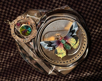Enamel butterfly Narrative brooch pendant necklace, assemblage jewelry, 50s circle brooch, Swarovski watermelon rivoli crystal one of a kind