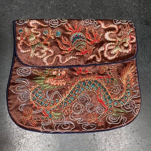 Vintage China embroidered silk clutch purse, early 1970s, Made in the People’s Republic of of China label