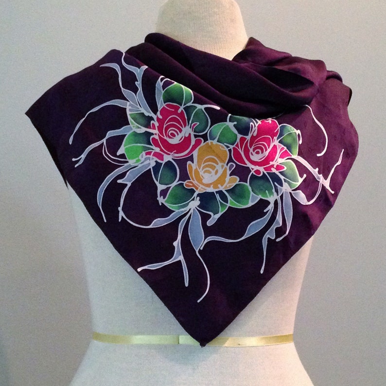 Vintage fashion hand painted silk scarf head wrap shawl, roses, royal purple silk satin jacquard, furoshiki, dressy