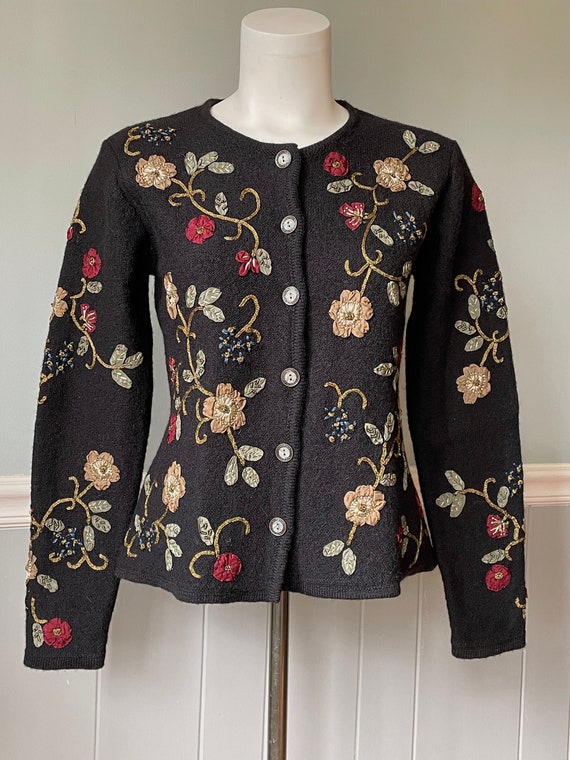 Elegant wool cardigan, hand embroidered ribbon & m