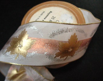 Vintage French ribbon 4 1/4 yds gold silver copper on rayon 1 1/2 inch leaf print, free shipping continental USA