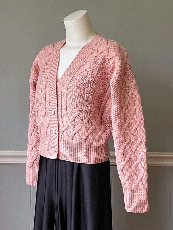 Womens Hand knitted cabled wool cardigan, pink, e… - image 1