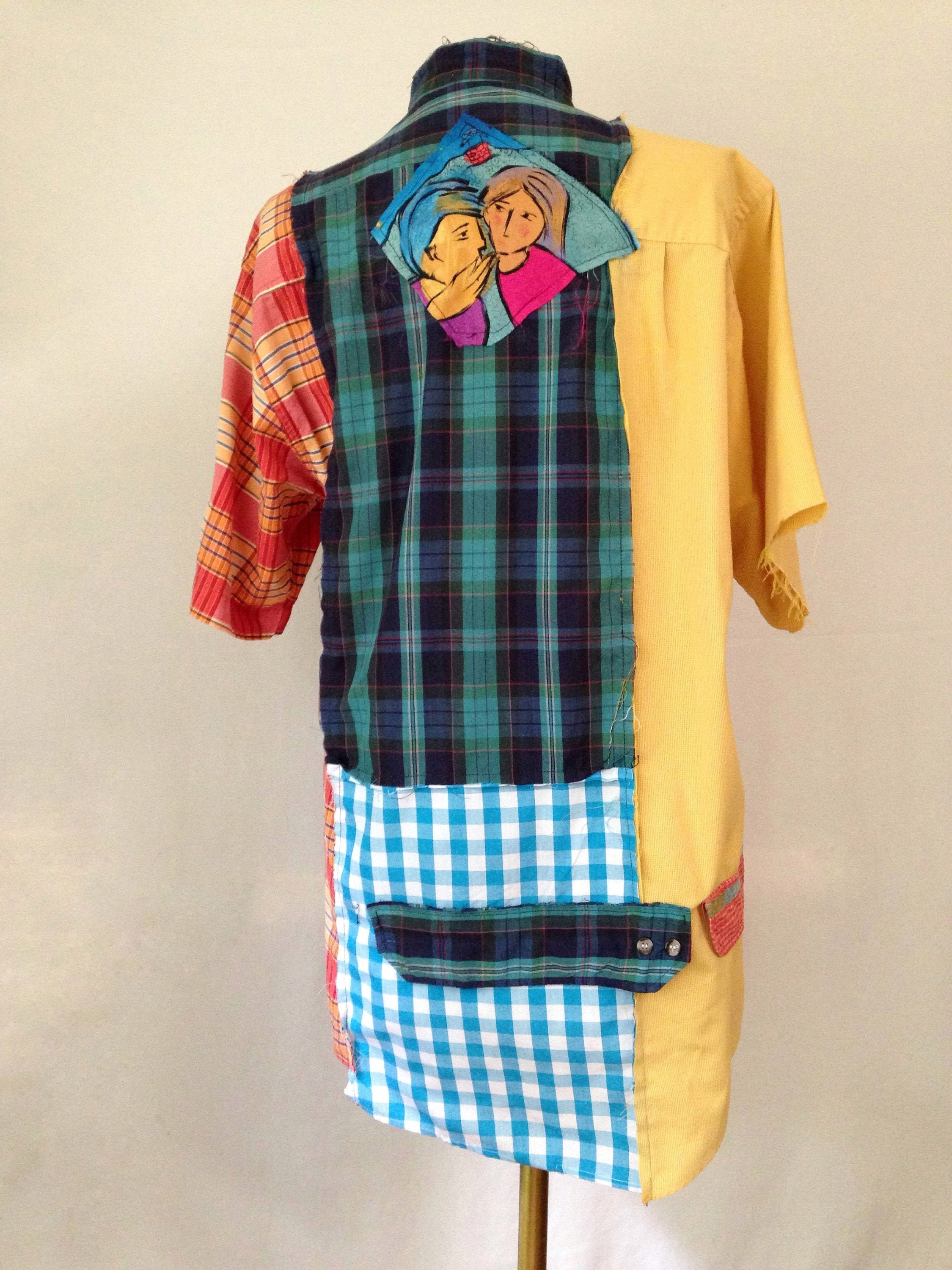 Upcycled plaid shirts, Frankenshirt refashioned chopped  jacket tunic, unisex punk streetwear short sleeve. Repurposed necktie, men’s size L