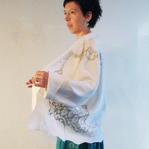 Upcycled refashioned linen tablecloth embroidered bridal wrap summer jacket wearable art plus size one size