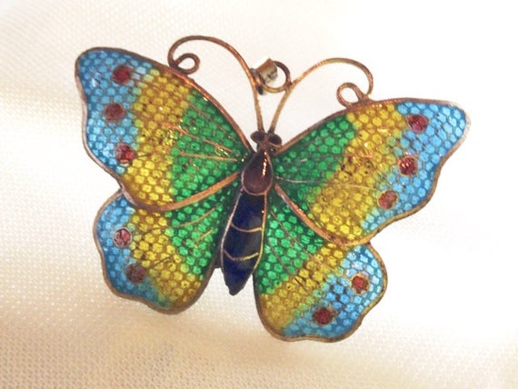 Pendentif Papillon Art Nouveau En Argent Avec Émail Plique à Jour - Ancien Vers 1900