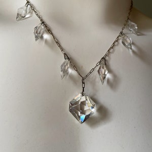 Art Deco cut crystal demi parure necklace and earrings on silver paper clip chain