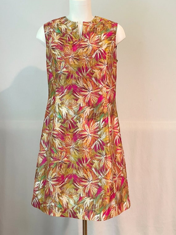 Silk sheath dress, abstract floral print, sleevele