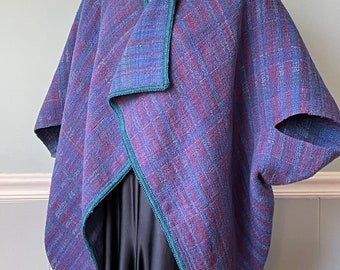 Handwoven, reversible, cocoon jacket, double weave cotton by Fran Mather, blues, magentas, greens, Artywear wearable art, one size