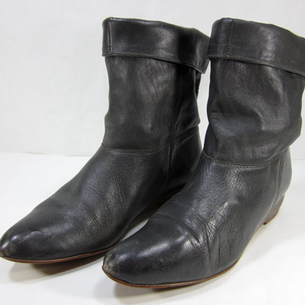 Black Leather Cuffed Boots Women's Size10M 1980's Vintage