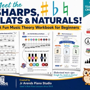 May include: A music theory workbook titled Meet the Sharps, Flats & Naturals! A Fun Music Theory Workbook for Beginners. The cover displays three pages featuring musical staves, piano keys, and owl illustrations. It includes icons for PDF, download, and age recommendations, with the Jr Arends Piano Studio logo at the bottom.